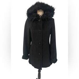 Black Wool-Blend Pea Coat with Faux Fur Hood by Donnybrook EUC SZ Small